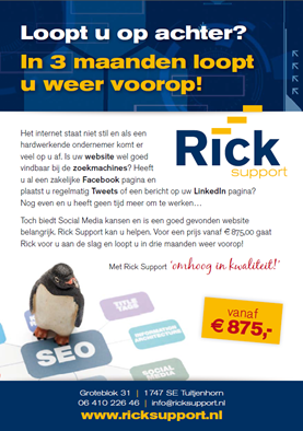 Rick Support 3 maanden lang websupport voor 875,00 euro. En u loopt weer voorop! 